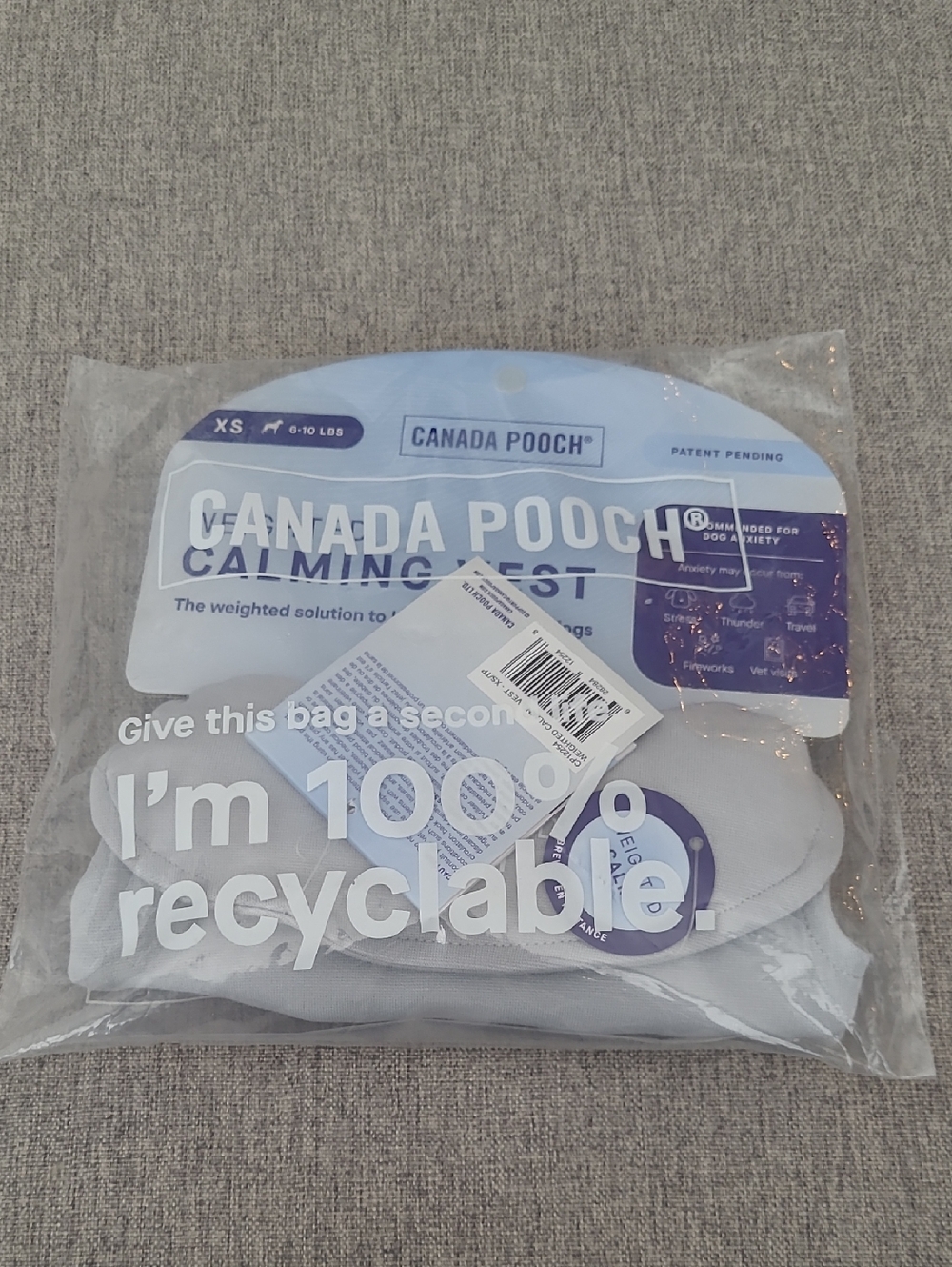 XS Dog Calming Vest in Light Gray Canada Pooch